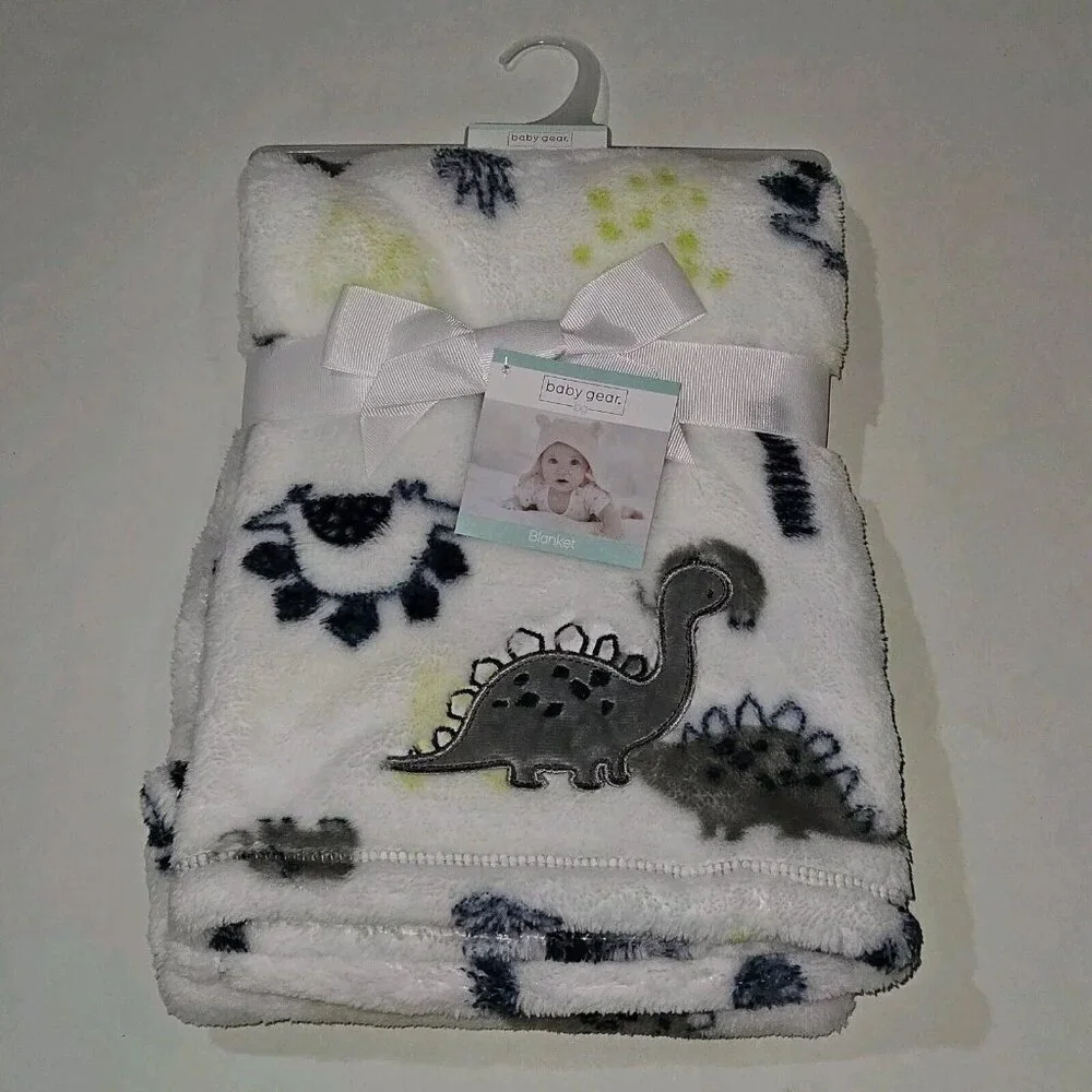 NEW Baby Gear Dinosaur Elephant Fleece Baby Blanket Lovey Gray Blue White